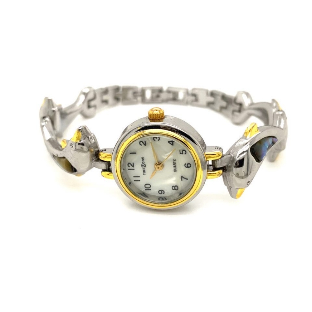 Vintage Watch Dolphin Abalone Stone Classic Time Zone Ladies Rare Watch